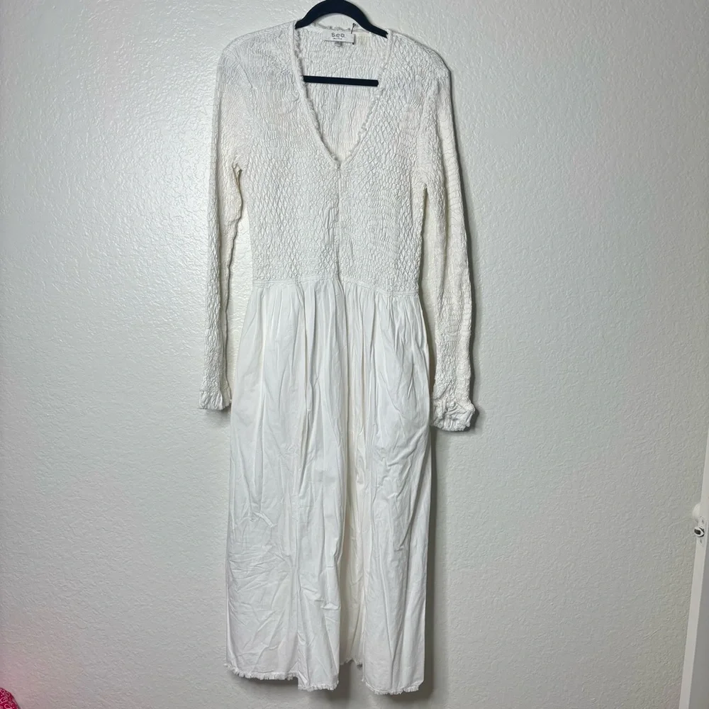 Sea New York Casey Hand Smocked White Long Sleeve Midi Dress Size 12 Large - Picture 3 of 9